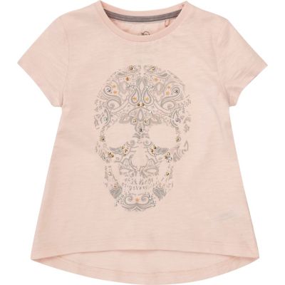 Mini girls pink embellished skull T-shirt